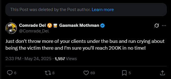 Jemenex's tweet photo. Your original post has 0 screenshots. If you want go ahead and link the posts that show what you said to Nano just like I did and including what Nano herself posted. Also while you're at it post the clip of rima saying that you are banned for something you said in chat.

You posted a screenshot of your comment in a DIFFERENT post but didn't include the 2nd one? You said this was the comment featured in Rima's Video. 5 seconds before that comment is featured Nanoless original post is shown and 30 seconds after that its shown that the post was deleted. So did you get given these screenshots? Did you screenshot your own reply but not realize the post you replied to is deleted because it will show very clearly above it or the 2nd reply by you below it? None if this makes sense are you the one writing your own posts or is someone else doing it? I don't know how you can take a screenshot of this post OR see that section of Rima's video and not see what comes seconds before it.

You say you didn't check but you also did check to get the screenshot?