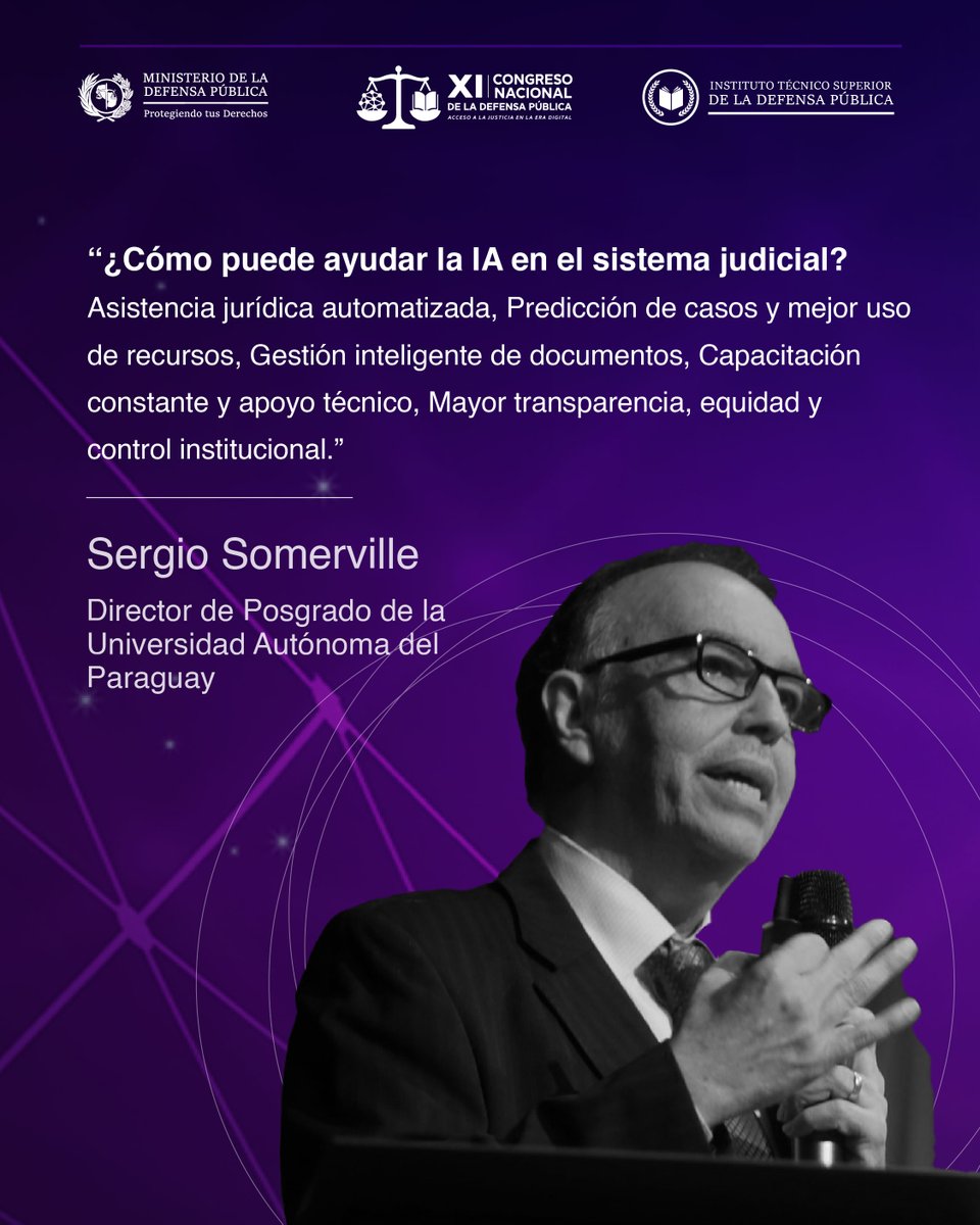MDP_py's tweet image. En el XI Congreso Nacional, el Dr. Sergio Somerville expuso sobre “La inteligencia artificial y el futuro de la justicia”.
Una mirada innovadora hacia una justicia más eficiente, ética y centrada en las personas.
#CongresoNacionalMDP2025
#CongresoEraDigital2025
#DefensaPública