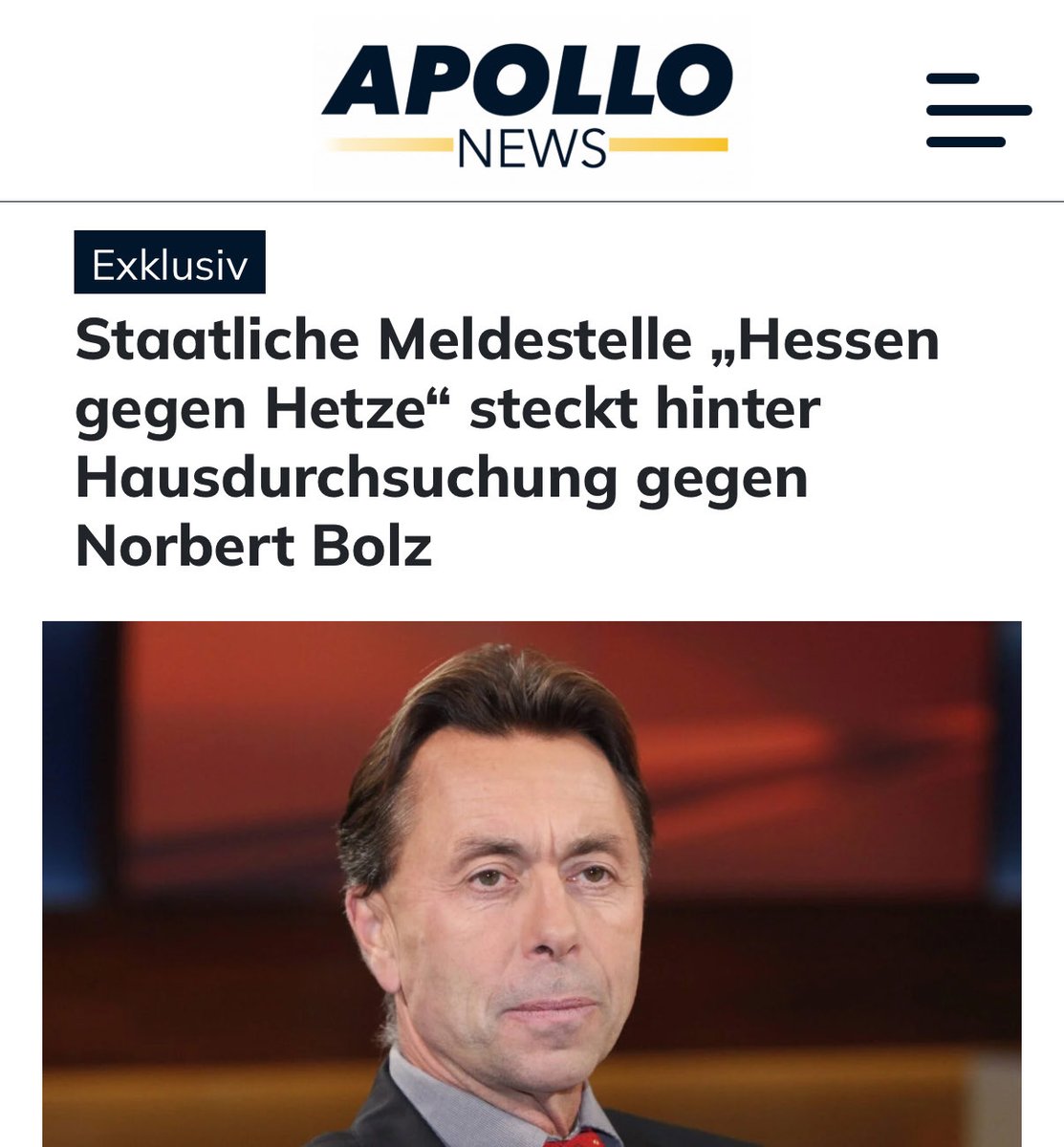 Nach Informationen von Apollo News steckt hinter der Razzia bei Norbert Bolz die staatliche Meldestelle „Hessen gegen Hetze“. Das bestätigte die Staatsanwaltschaft Berlin auf Anfrage. 

apollo-news.net/staatliche-mel…