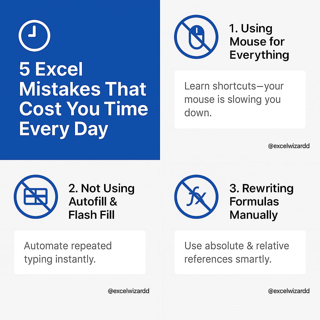 excelwizardd's tweet image. You might think you’re fast in Excel… until you realize these 5 mistakes are stealing hours from you ⏰
Fix them, and thank me later 👇
@excelwizardd @microsoft @microsoft365
#ExcelProductivity #ExcelTips #WorkSmart