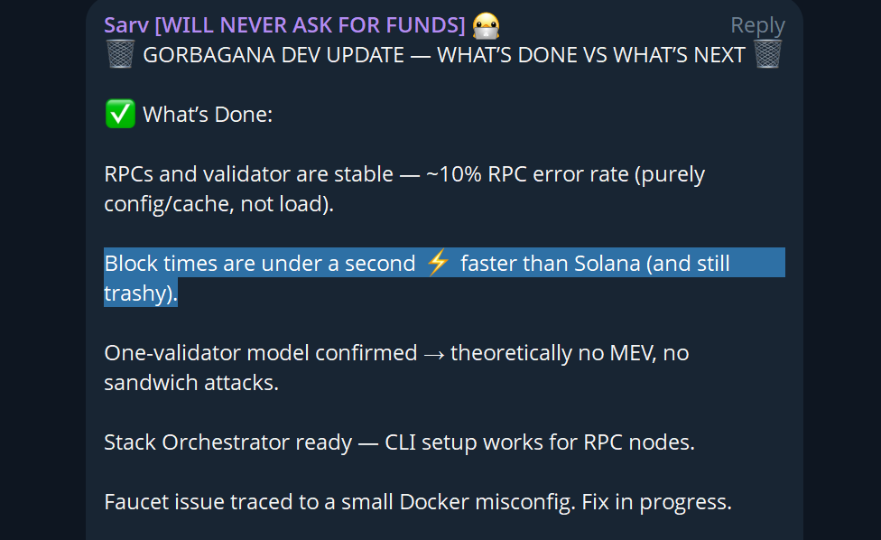 gorbagana issues resolved and running faster than Solana btw 

turns out centralized trash is fastest

lesson in there--embrace your flaws and be yourself!

gorbagio