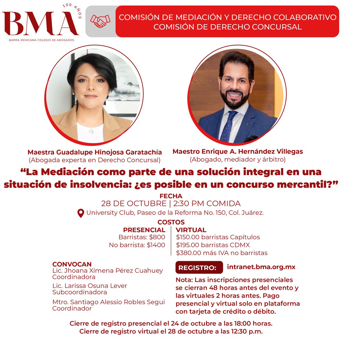 🔴 Sesiones BMA | Del 27 al 30 de octubre
La Barra Mexicana, Colegio de Abogados, continúa fortaleciendo la reflexión y el análisis jurídico con una nueva semana de trabajo académico.
Las Comisiones de Estudio y Ejercicio Profesional abordarán temas de gran relevancia para el