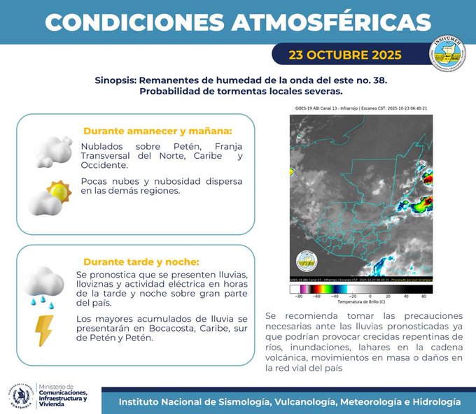 Graphic titled Condiciones Atmosfericas for October 23, 2025, showing forecast number 38 with probabilities of afternoon storms in regions like Peten, Alta Verapaz, and others, including icons for clouds, sun, and rain, temperature scale from 20 to 35 degrees Celsius, and recommendations for precautions against landslides and floods, with logos of INSIVUMEH and other institutions at the bottom.