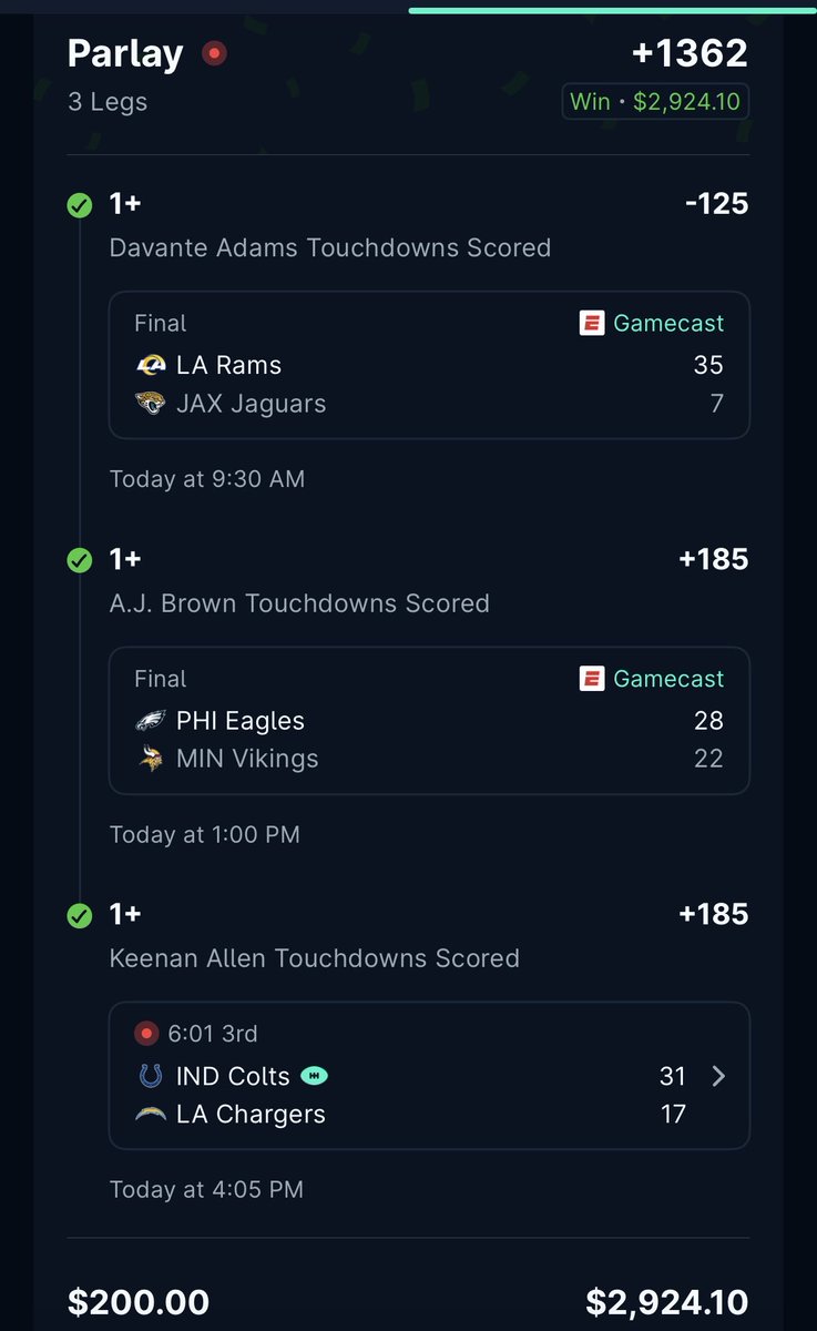 GetRichBetrying's tweet photo. We smacked a 2+ td prop 3 weeks inna row. Can we make it 4??? I’ll drop my favorite 2 of the weekend if this post gets 50 retweets/likes https://t.co/VIXcM6X2pK