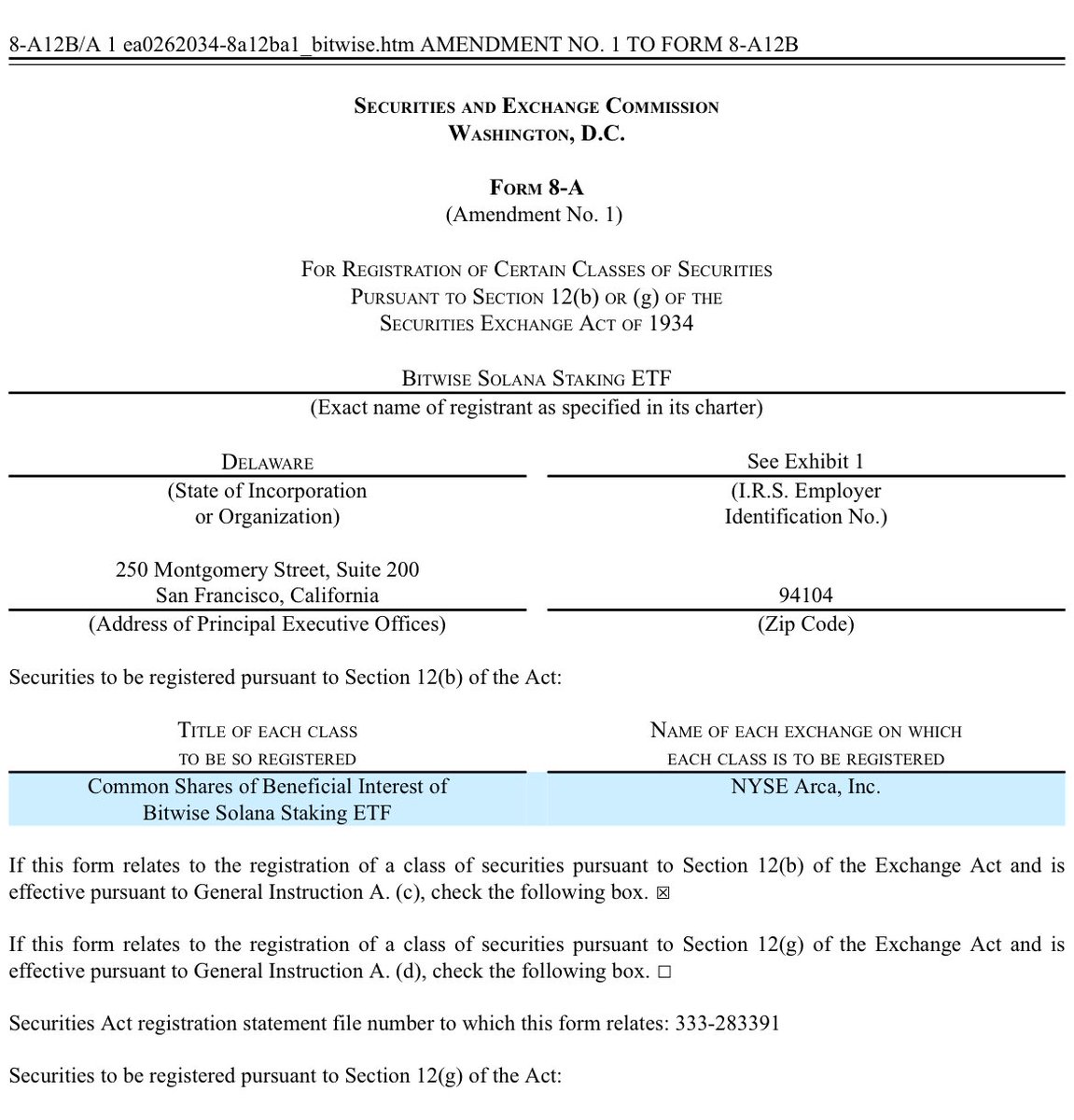 solananew's tweet photo. 🚨BREAKING: @bitwise STAKING SOLANA ETF FILES FORM 8-A 12B/A AMENDMENT — APPROVED TO LIST ON THE NYSE!!!🚨 https://t.co/Ma4s1lr3DS