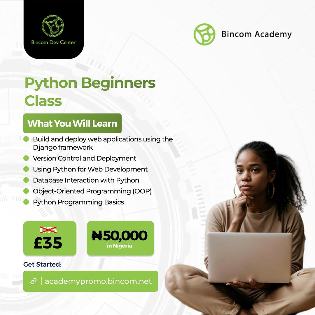 BincomDevcenter's tweet image. Your first Python project could be the start of something big. Learn how to build and deploy real web apps, not just write code.
With Bincom Academy, you learn Python Python practical way.
#BincomAcademy #PythonCoding #WebDevelopment #TechTraining #pythonlearningjourney #Coding