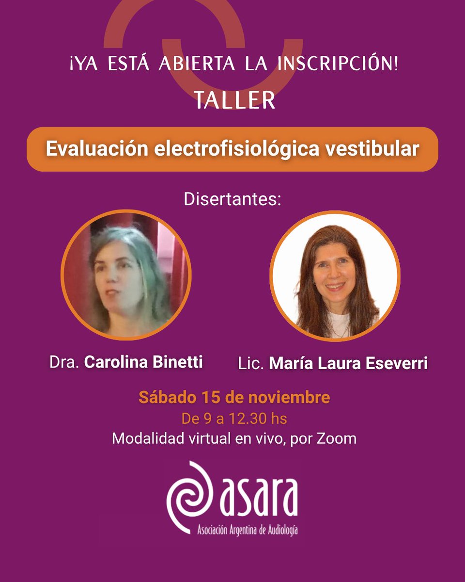 👍 ¡Una nueva propuesta de ASARA para actualizarte en Audiología!

Taller: 👂 “Evaluación electrofisiológica vestibular", con Ana Carolina Binetti (Médica ORL) y María Laura Eseverri (Licenciada en Fonoaudiología)

🤳 Inscribite acá 👇 antes del 7/11
bit.ly/3WgwNUa