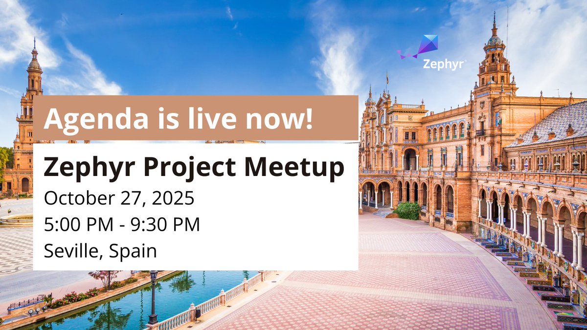 ZephyrIoT's tweet image. Excited for the Zephyr Project Meetup in Seville by @MicrochipTech on Oct 27, 2025? Discover what’s in store and how you can join: hubs.la/Q03PSK7-0 #ZephyrRTOS #opensource