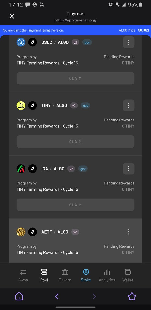 BillionGol1024's tweet image. Decided to run an experiment 🔬
Let’s see the daily yield from #Tinyman farms 🌾 with the following LPs for just 50 #ALGO invested 💰 #Algorand #AlgoFam
