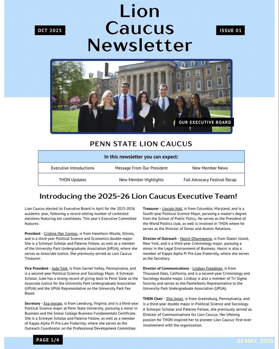 AdvocateState's tweet image. Did you know that Lion Caucus has its own newsletter?
In this edition, you’ll find:
✅ President Cristina Mac Cormac’s update
💛THON update
😀New member highlights
‼ MORE
Swipe through to read all about our amazing student advocates!