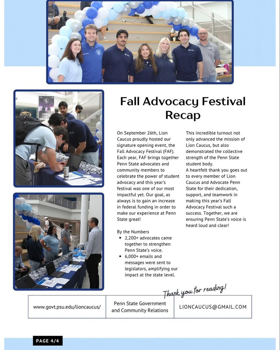 AdvocateState's tweet image. Did you know that Lion Caucus has its own newsletter?
In this edition, you’ll find:
✅ President Cristina Mac Cormac’s update
💛THON update
😀New member highlights
‼ MORE
Swipe through to read all about our amazing student advocates!