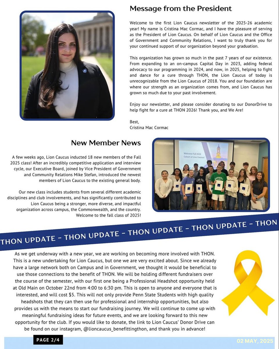 AdvocateState's tweet image. Did you know that Lion Caucus has its own newsletter?
In this edition, you’ll find:
✅ President Cristina Mac Cormac’s update
💛THON update
😀New member highlights
‼ MORE
Swipe through to read all about our amazing student advocates!
