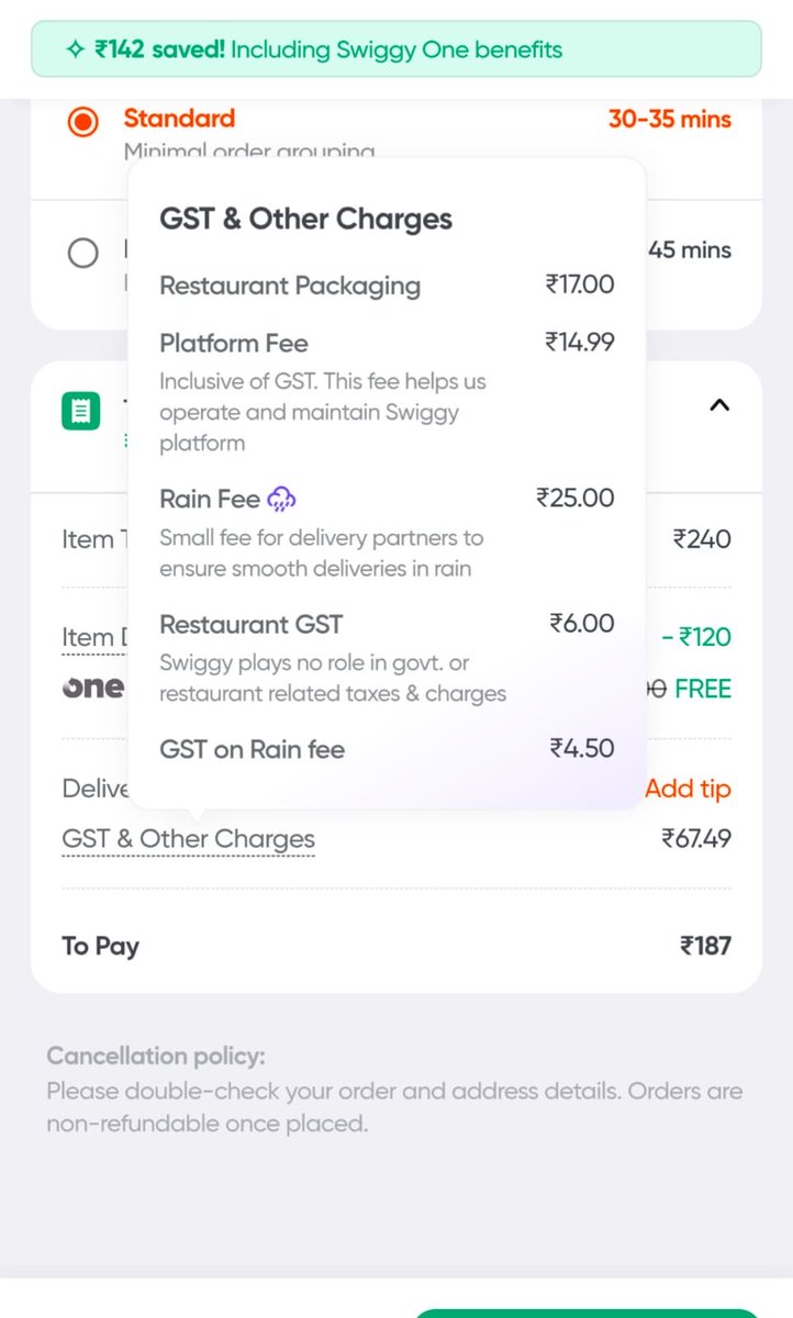 Rain padakundaa - Rain fee, Gst on rain fee aah? 😦 
Wtf seriously ??! 
Inka dobbu… oxygen free, breathing fee, bratiki unanduku fee!!! #swiggy <a href="/Swiggy/">Swiggy</a>