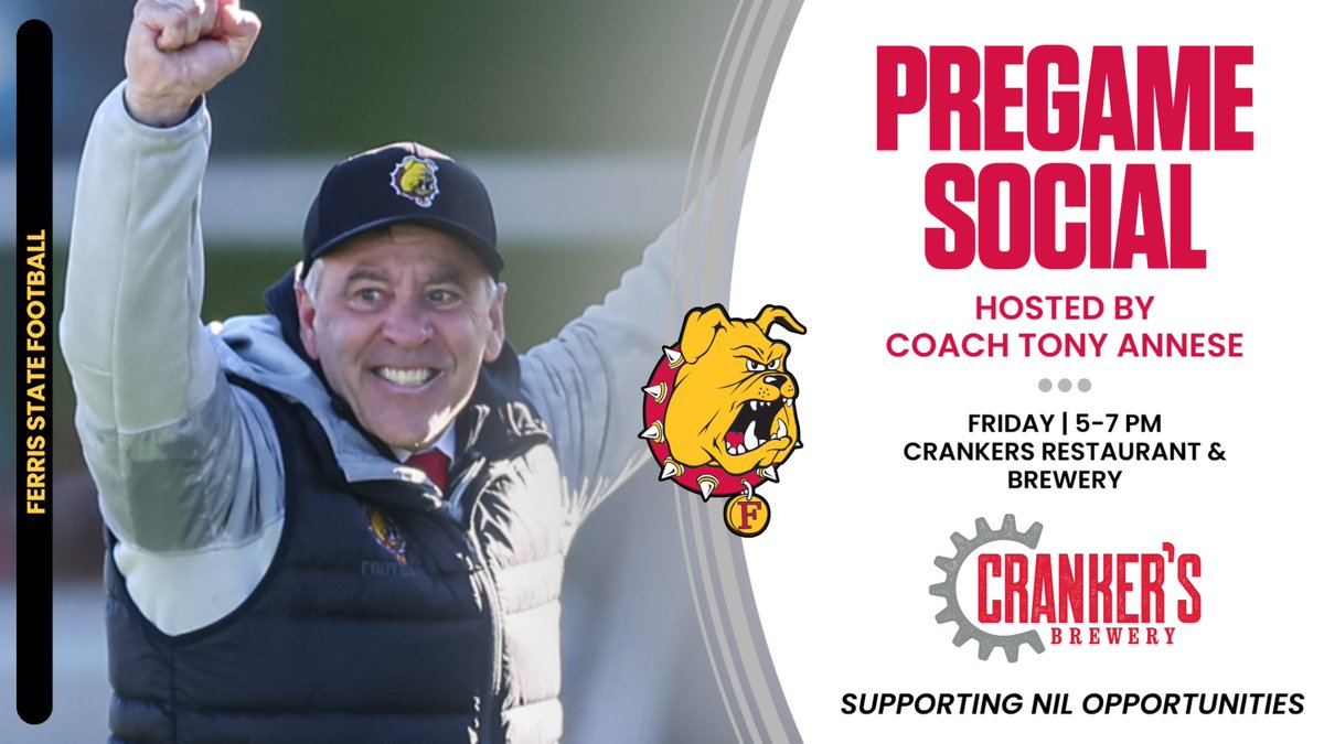 TOMORROW! A "Pregame Social" hosted by Coach Tony Annese will take place on Friday night from 5-7 pm at Crankers Restaurant &amp; Brewery in Big Rapids, supporting NIL opportunities! More info: tinyurl.com/muucxs2c