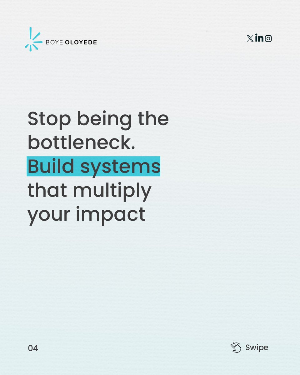 BoyeOloyede's tweet photo. 2/2

This week, pick one process you repeat daily, and systemize it and pass it on. Freedom starts there. https://t.co/sgtxbnom90