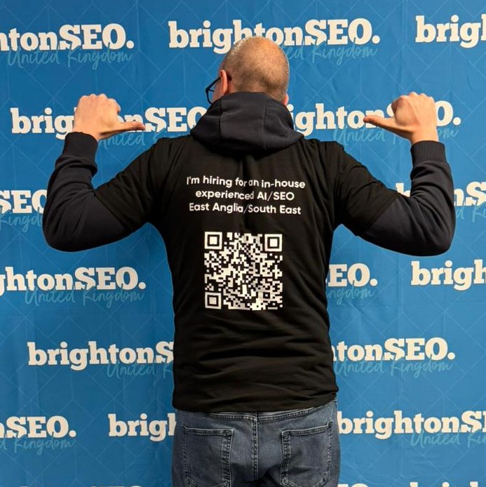 Calling all SEOs at <a href="/brightonseo/">brightonSEO</a>.

If you're an experienced hands-on problem solver willing to challenge assumptions who's looking for a new in-house #SEO role, then let's talk!

If you see this guy walking around say "hello" or scan my back for more info!

#BrightonSEO #Job