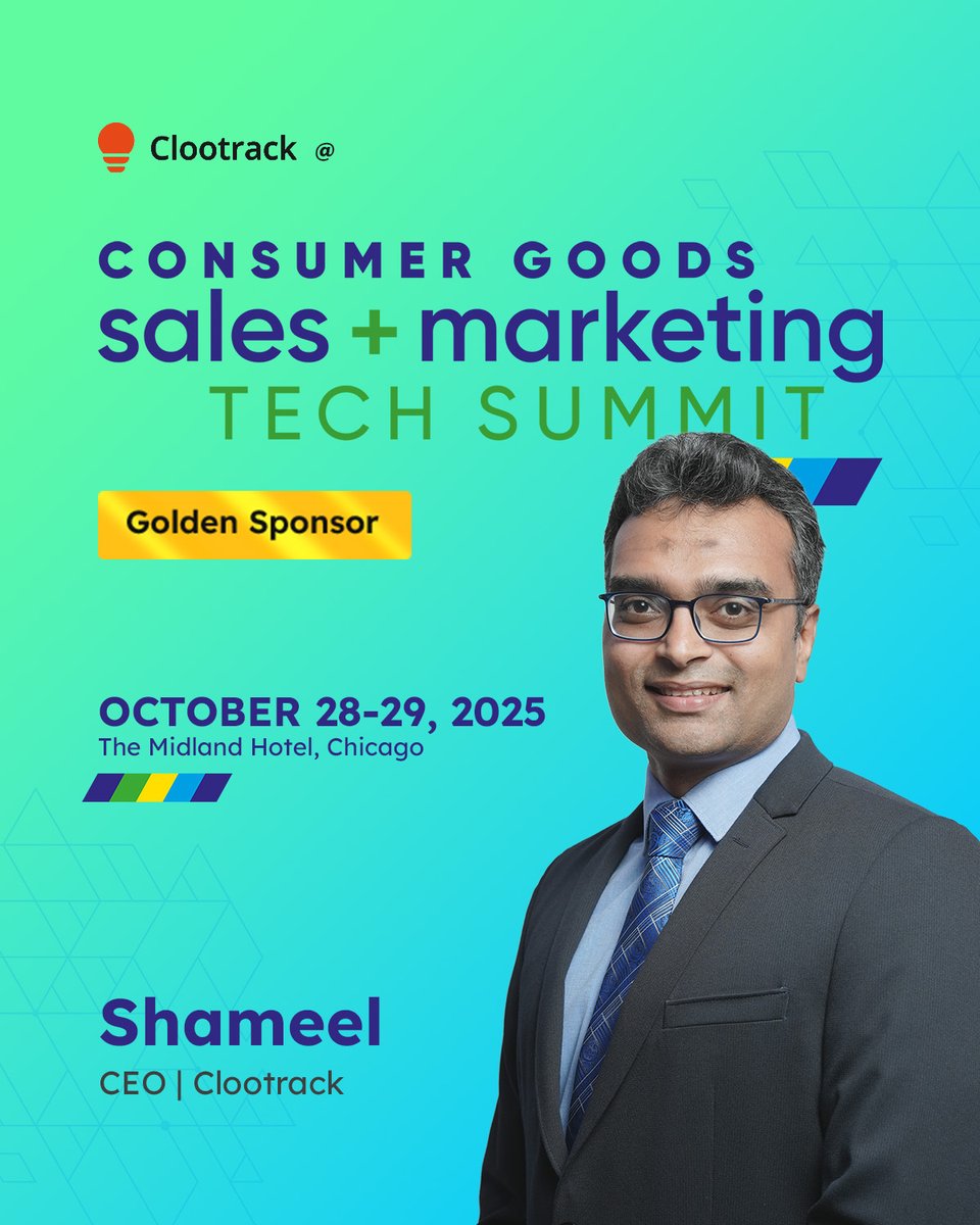 clootrack's tweet image. 💬 Clootrack at CGSM Tech Summit 2025 | Gold Sponsor | Booth 9

✨ Visit us at Booth 9
 🗓️ October 28–29, 2025
 📍The Midland Hotel, Chicago, IL

Explore how top leaders are redefining growth at CGSM 👉 eu1.hubs.ly/H0p48Zd0 

#CGSM2025 #ConsumerGoods #AIInsights #Clootrack