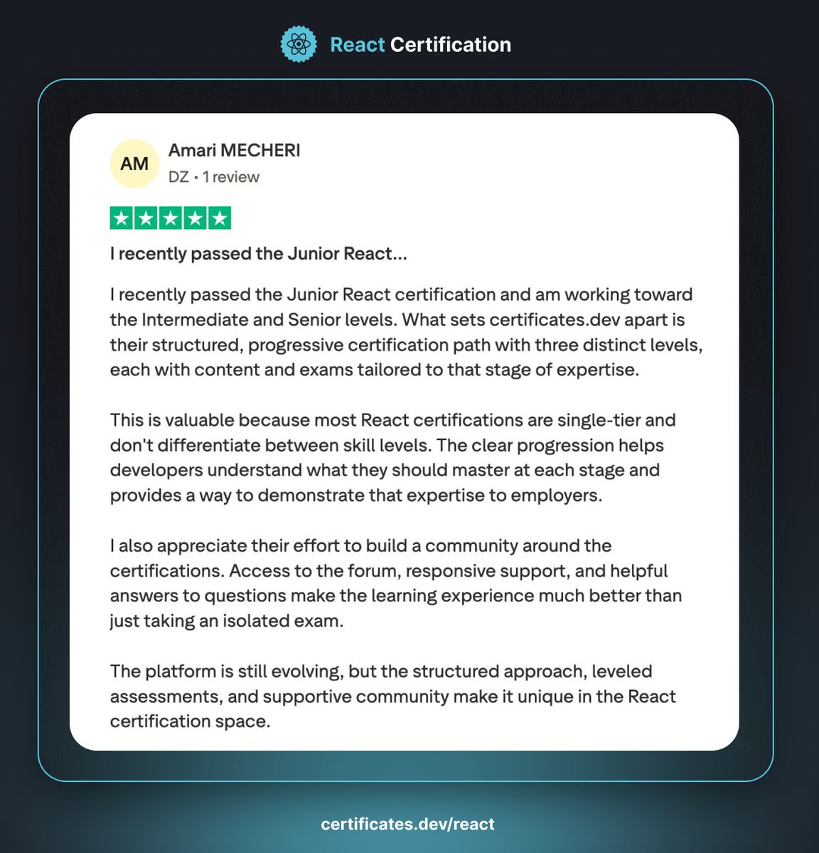 CertificatesDev's tweet image. Most certifications stop at one badge  but real growth happens in stages. 🚀

Our React Certification Path is structured with three levels,  Junior, Mid-Level, and Senior,  each reflecting your real-world skills and experience. 💡

Gain clarity on what to master, validate your…