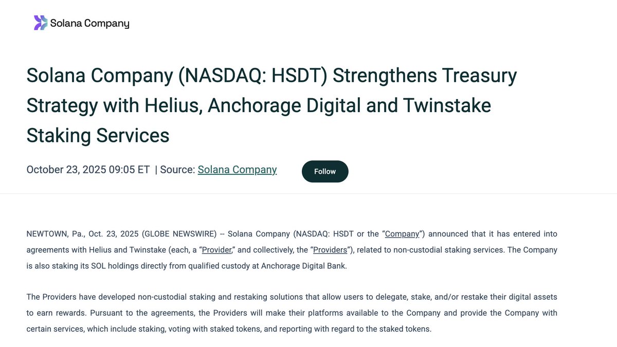 🚨NEW: Solana treasury company @Solana_Company (NASDAQ: HSDT), with over  2.2M $SOL in its treasury, has partnered with @heliuslabs and @twinstake_io  for non-custodial staking, alongside custody at Anchorage Digital. The move  aims to