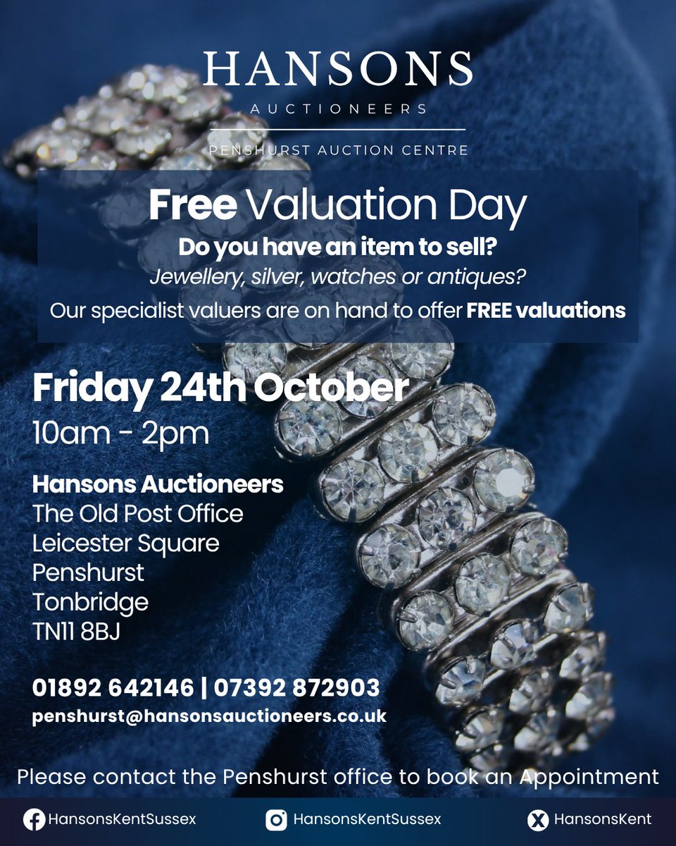 📣 Join us tomorrow, 24 Oct, 10am–2pm, at our Penshurst Auction Centre for free valuations of gold, silver, jewellery, watches, antiques &amp; collectables — with the option to consign on the day!

📍 The Old Post Office, Penshurst
📞 01892 642146
#HansonsAuctioneers #FreeValuations