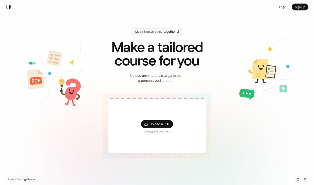 nutlope's tweet image. Building an agent that can generate an entire interactive course from a PDF/textbook 🤯
The way it works: I have pre-built components (Q&A, drag & match, flowchart, info bubble, ect...) that can be invoked through tool calls.
Here's the full workflow:
1. The agent will first…