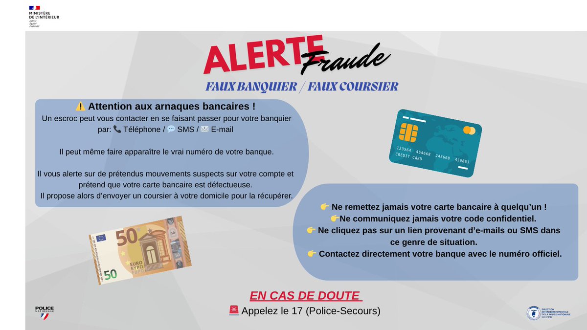 #PourVotreSécurite | ⚠️ Arnaques bancaires : méfiez-vous !
Des escrocs se font passer pour votre banquier 📞💬📧
Ils évoquent de faux mouvements et veulent récupérer votre carte.
👉 Ne la remettez JAMAIS
👉 Ne donnez pas votre code
👉 Contactez votre banque via son numéro de ☎️