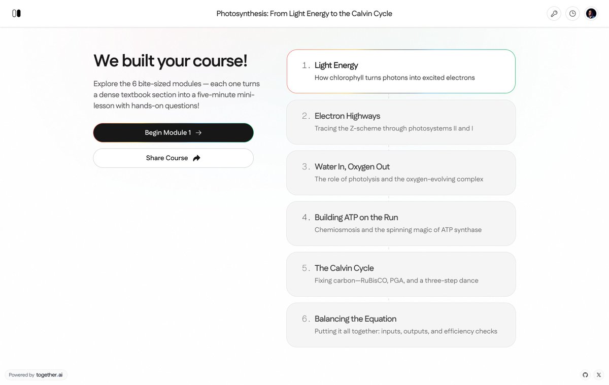 nutlope's tweet image. Building an agent that can generate an entire interactive course from a PDF/textbook 🤯
The way it works: I have pre-built components (Q&A, drag & match, flowchart, info bubble, ect...) that can be invoked through tool calls.
Here's the full workflow:
1. The agent will first…