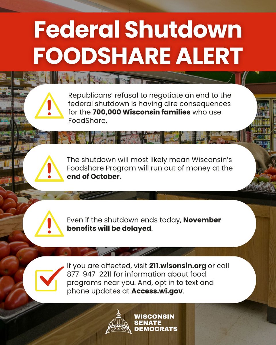 If you are one of the thousands of people who receive SNAP benefits (otherwise known as FoodShare) to help put food on the table, your November payment is going to be delayed because of the federal government shutdown. Here is a description of the situation⬇️