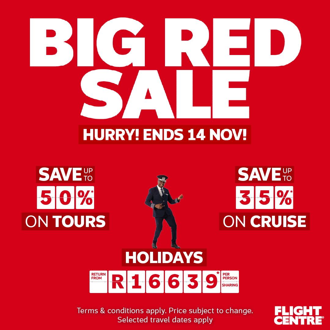 BIG RED SALE now on at <a href="/FlightCentreRSA/">FlightCentreRSA</a>
Don't miss out.
Ends 14 November 2025.
Ts and Cs apply.