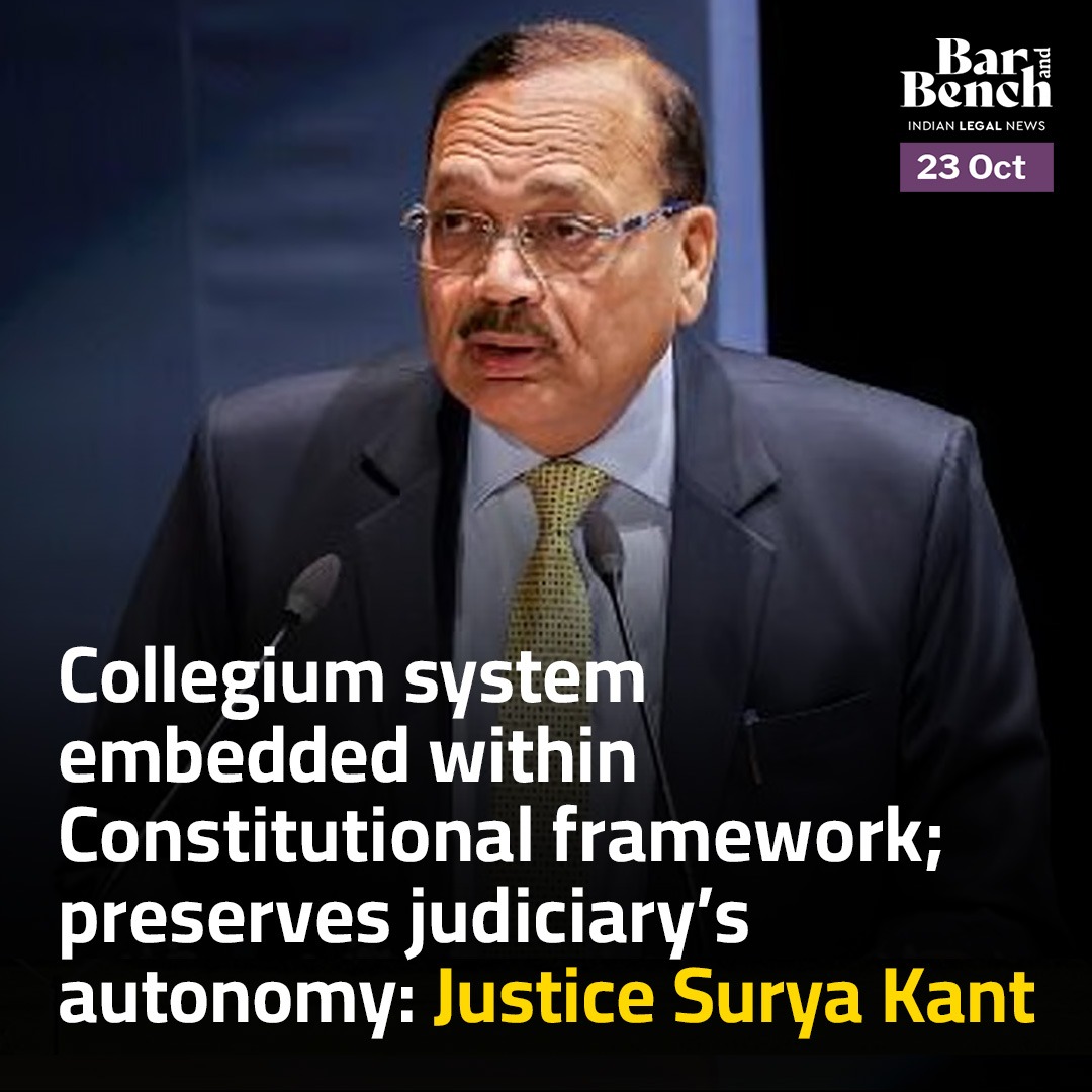 barandbench's tweet image. Collegium system embedded within Constitutional framework; preserves judiciary’s autonomy: Justice Surya Kant
Read more: barandbench.com/news/litigatio…