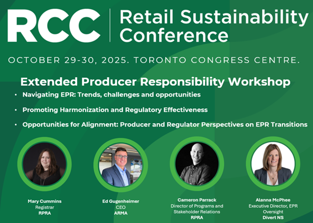 Next week on Wednesday, October 29, #RPRA is participating in a half-day Extended Producer Responsibility (EPR) Workshop at the <a href="/RetailCouncil/">Retail Council of Canada</a>’s Retail Sustainability Conference.

View the agenda here: rccretailsustainability.ca/agenda/.