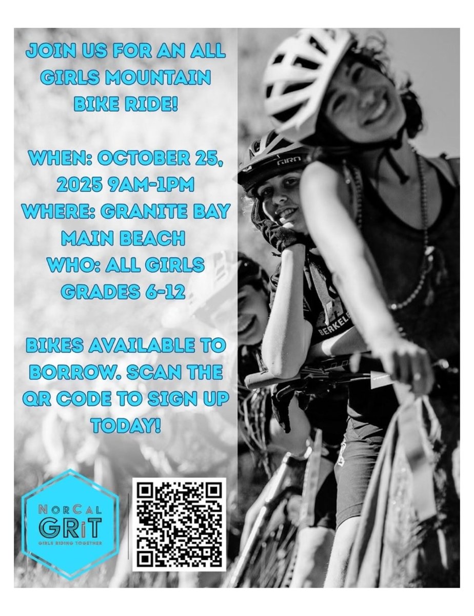 Get ready for an awesome day on the trails! Join us for an All-Girls Mountain Bike Ride this Saturday, October 25, 2025, from 9 AM to 1 PM at Granite Bay Main Beach.