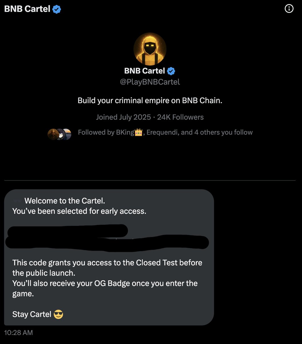BNBCartel just sent me an early access invite code, this will likely be one of the biggest games on the blockchain. 

I will be locking in and doing whatever it takes to be a top player. 

Thank you <a href="/QLambda_/">Seb 🔶</a> <a href="/404Mind_/">The Chemist</a> <a href="/visualplug_/">VisualPlug</a> and the rest of the <a href="/PlayBNBCartel/">BNB Cartel</a> team.