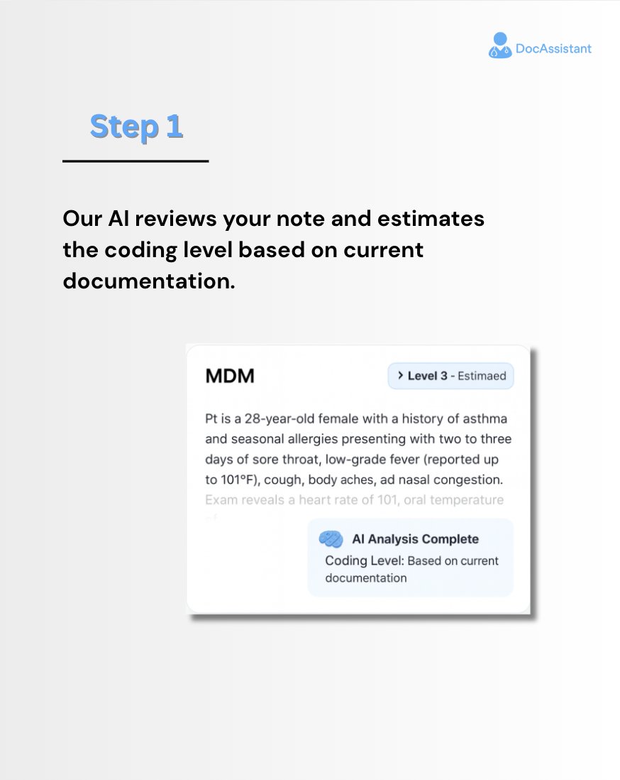 DocAssistant_ai's tweet image. We built the AI Chart Level Analyzer to take the guesswork out of MDM coding. Here’s how it works, and how it helps you capture what you’ve earned.