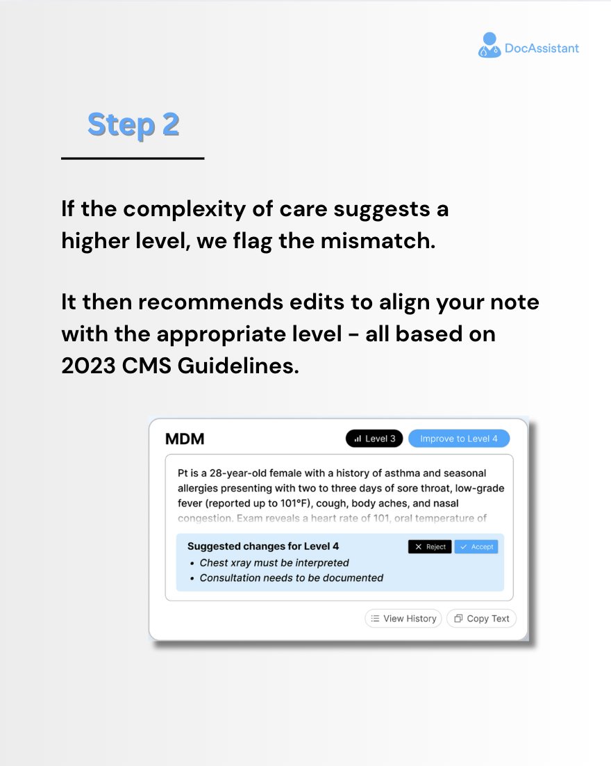 DocAssistant_ai's tweet image. We built the AI Chart Level Analyzer to take the guesswork out of MDM coding. Here’s how it works, and how it helps you capture what you’ve earned.