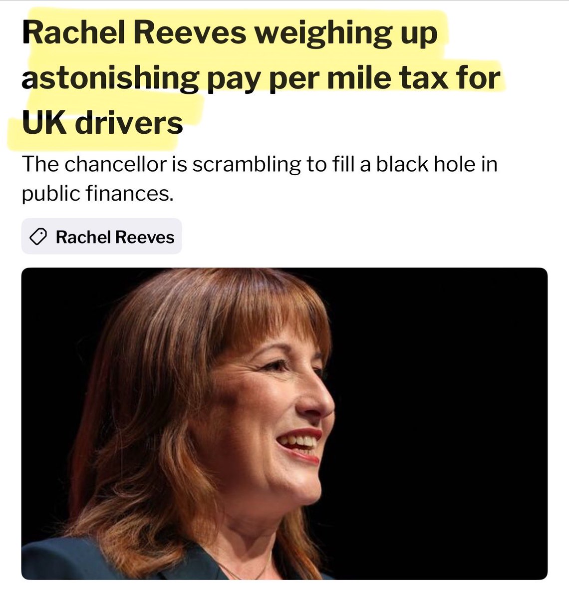 Pay per mile possible in the budget.

All car drivers would pay for how much they drive and when they drive, paying more at peak! meaning….

It will hit WORKING PEOPLE  the hardest! 

Those outside of the London commuter belt have no choice but to drive to work.

Utterly mad 🤡