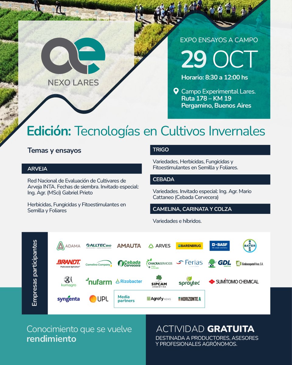 Bajo el lema “𝘾𝙤𝙣𝙤𝙘𝙞𝙢𝙞𝙚𝙣𝙩𝙤 𝙦𝙪𝙚 𝙨𝙚 𝙫𝙪𝙚𝙡𝙫𝙚 𝙧𝙚𝙣𝙙𝙞𝙢𝙞𝙚𝙣𝙩𝙤”  la próxima #NexoLares 🌾 viene con una propuesta repleta de ensayos de tecnologías para cultivos invernales.   

¡Mirá el programa!  🗓️29/10 | Pergamino.  

📝👉 forms.gle/ozyJNeo3zbGeEf…