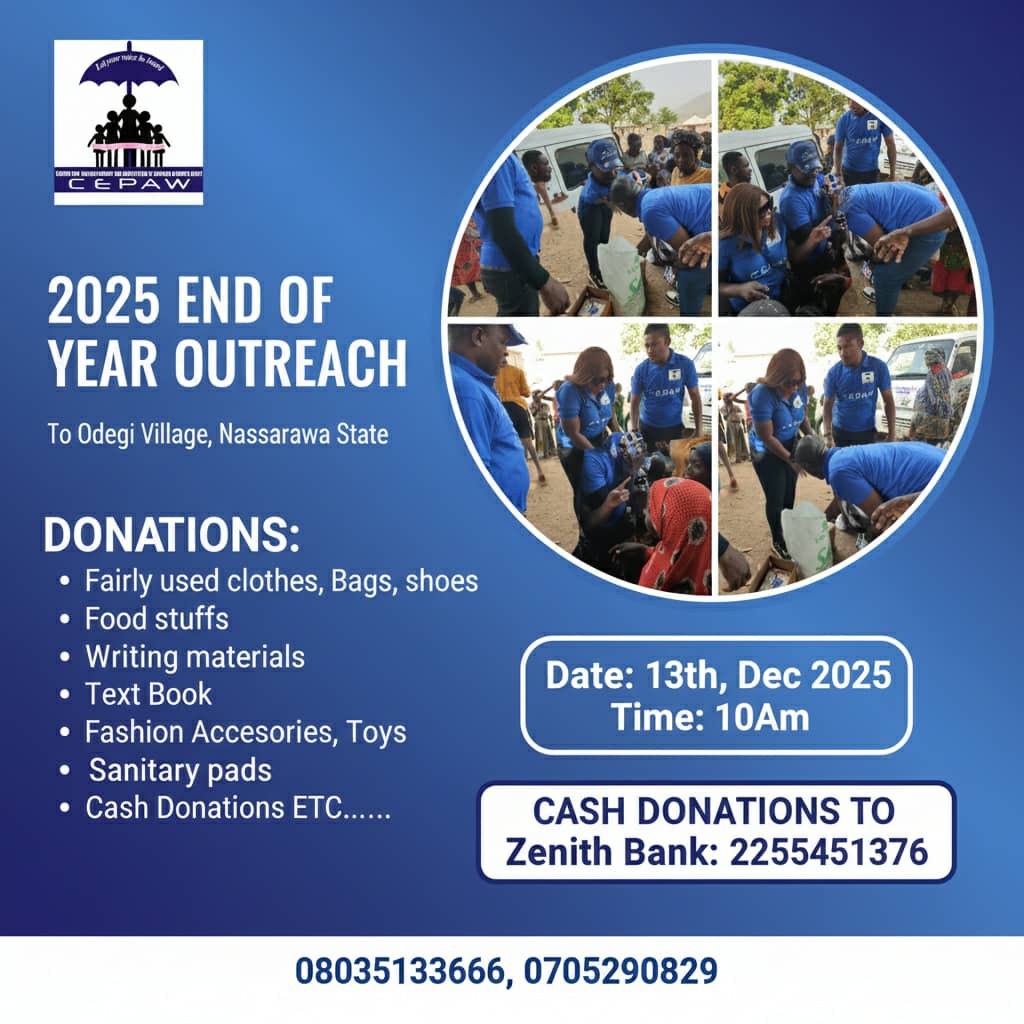 RickaTalks's tweet image. The 8th Annual CEPAW End-of-Year Outreach is here! 🎉

​Help us make a difference in Odegi Village, Nasarawa State. We&apos;re humbly requesting your financial and material support to brighten lives this year.

​We appreciate you! Let&apos;s do this together.

​#EndofYearOutreach #CEPAW