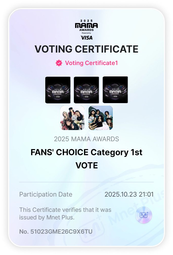 kpop_polls2024's tweet image. 🎁GIVEAWAY 079
MAMA 2025 FANS' CHOICE
GROUP FEMALE CATEGORY
COMPLETED ✅
REWARD:
🗳️50 VOTES MOST LIKED #
Winner is #ITZY 🎉
🗳️50 VOTES MOST RT #
Winner is #AESPA 🎉
I voted 50 for each artist since I don't have on going rt deal for female group.
Proof of votes here ✨…