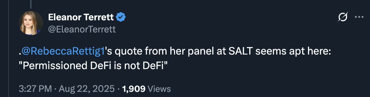 RebeccaRettig1's tweet image. 1/ I've never wavered from the position that DeFi must be permissionless. There can't be "two" DeFis - one "regulated" (gated) & one "unregulated". The beauty of DeFi is its openness, automaticity & intermediary-less-ness. Policy goals must be achieved differently for DeFi.