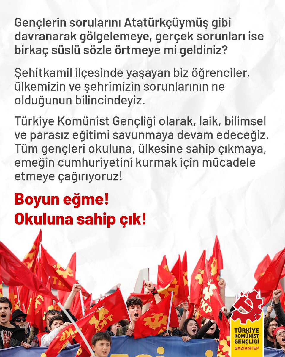 Sıra arkadaşlarımızı okuluna, ülkesine sahip çıkmaya, emeğin cumhuriyetini kurmak için mücadele etmeye çağırıyoruz! 
Boyun Eğme!
Okuluna Sahip Çık!

#Gaziantep #GaziantepTKP