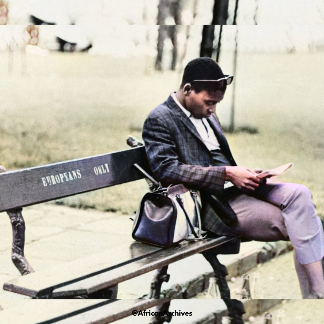 AfricanArchives's tweet image. An African man reads on a bench marked "Europeans Only" in a South African park, 1970.
