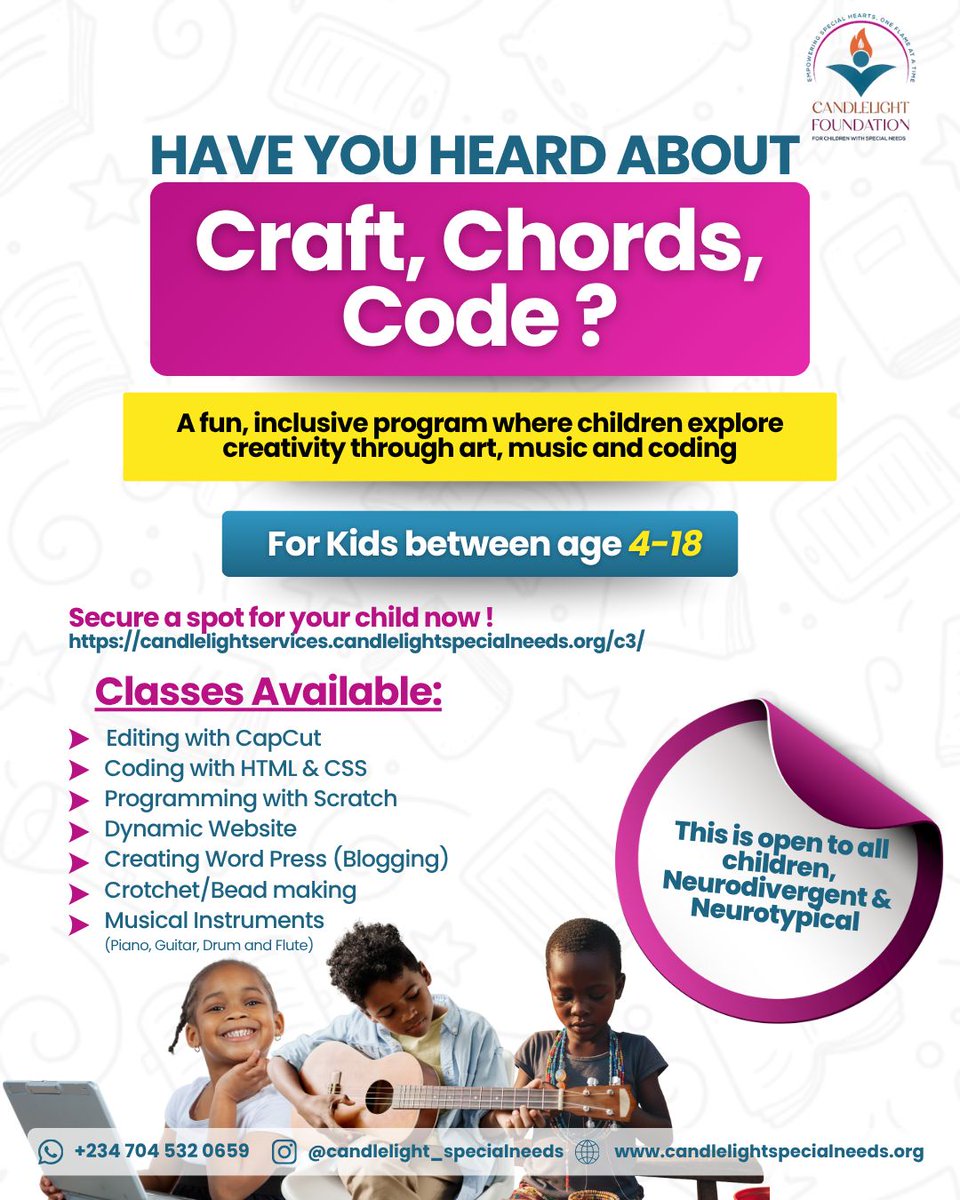 CandlelightFSN's tweet image. A fun, inclusive program for kids aged 4-18 to explore art, music, and coding.

We have a class for every child.

Enrollment is open for neurodivergent &amp;amp; neurotypical children!

Enroll here:
…tservices.candlelightspecialneeds.org/c3/

#KidsProgram #CodingForKids #Neuroinclusive #C3 #creativity