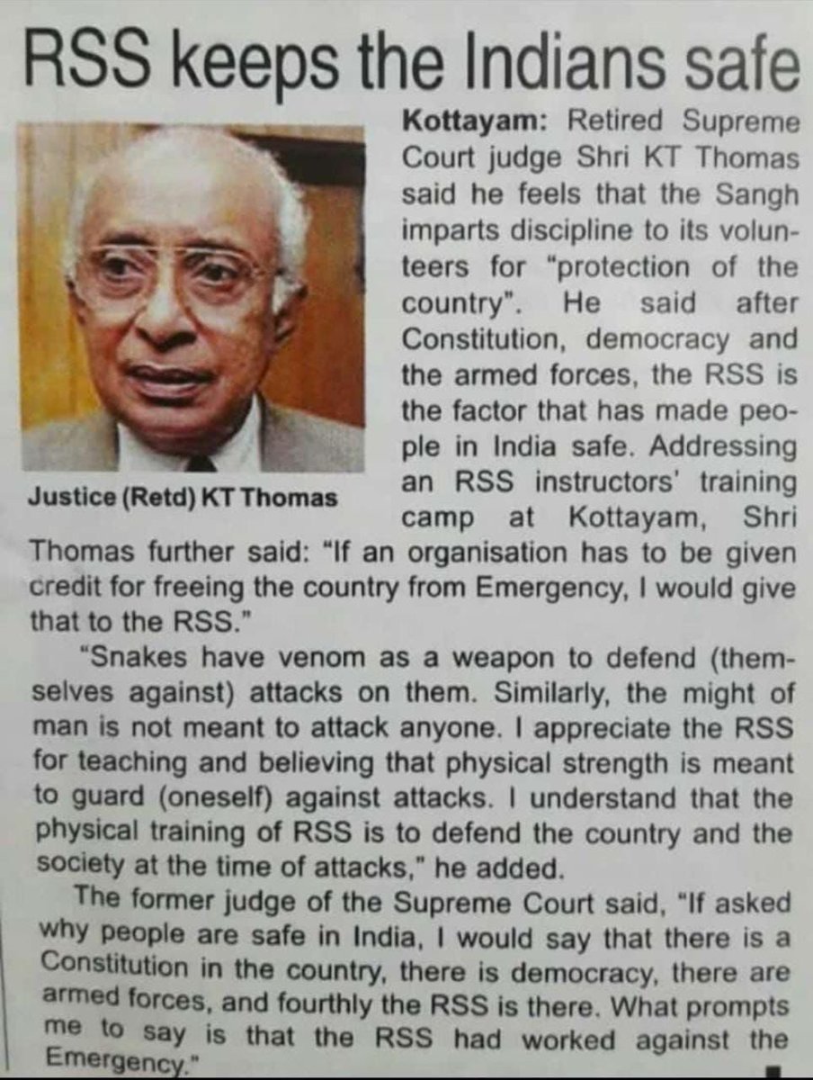 <a href="/RavinderKapur2/">Ravinder Kapur.</a> Hello Abdul!

Your opinion doesn't count!

Former Supreme Court Judge K T Thomas praises the RSS skyhigh.

Says, "RSS keeps the Indians safe"!

Of course, PAKISTANIS like you will disagree which is fine.

Meanwhile, stop wasting time on social media and stand in queue for Atta!😂