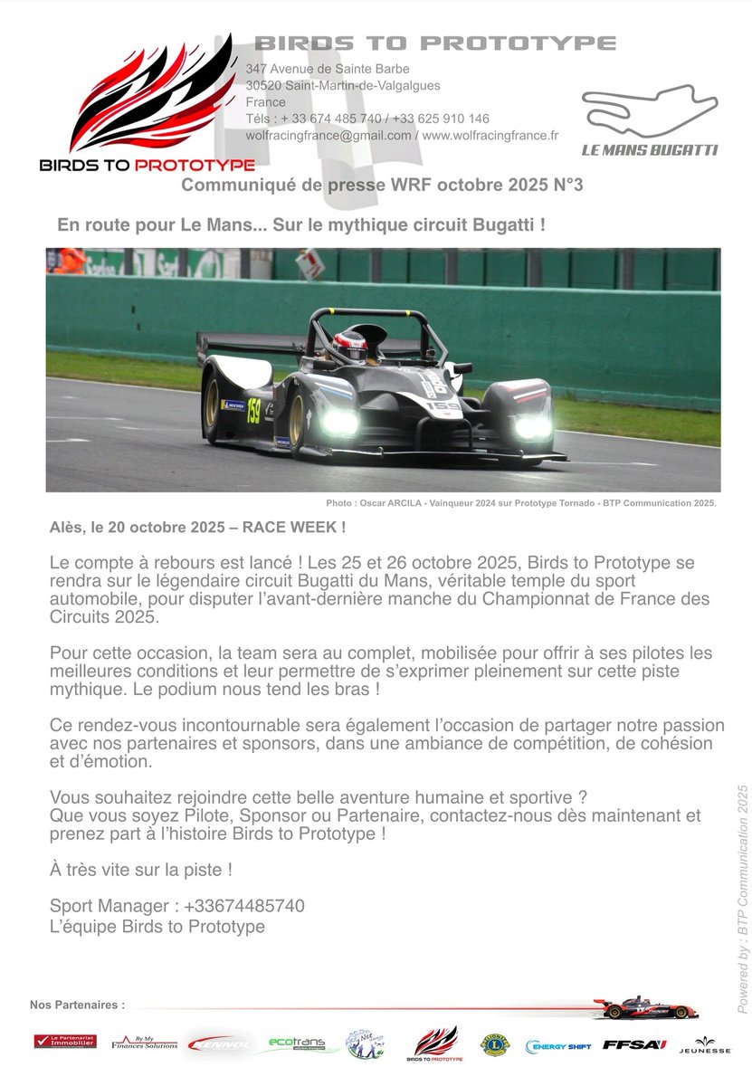 O_ARCILA's tweet photo. Chers amis,  Nous serons présents ce WE sur le circuit Le Mans Bugatti. Venez nous rendre visite et vibrer ensemble aux boxes 34 - 35 et 36,  on vous attend en compagnie de toute l'équipe "Birds to Prototype" et nos six pilotes engagés. 
Contact : +33674485740
A très vite ! https://t.co/HoPVENAnQt