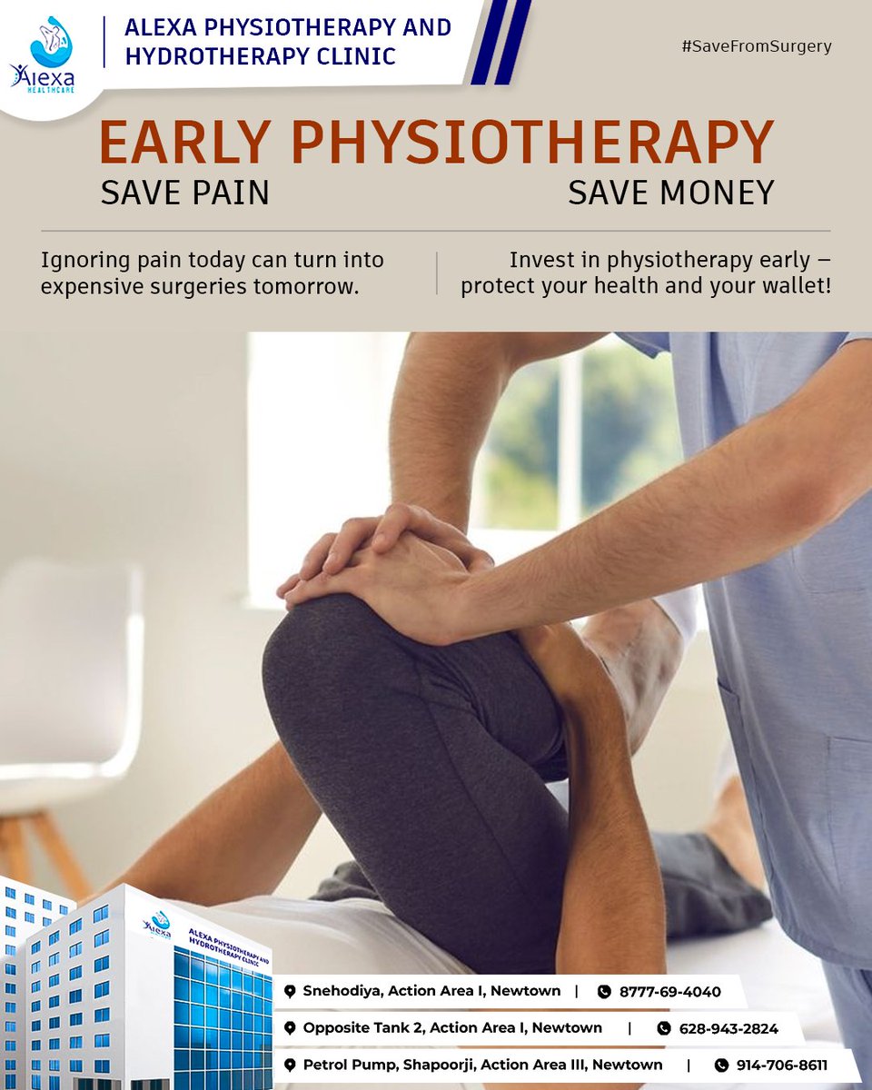 Delaying treatment can cost you more than just pain!
Early physiotherapy helps you recover faster, prevent complications, and avoid expensive surgeries.

📍 Locations:
* Snehodiya, AA I, Newtown
* Opposite Tank 2, AA I, Newtown
* Petrol Pump, Shapoorji, AA III, Newtown