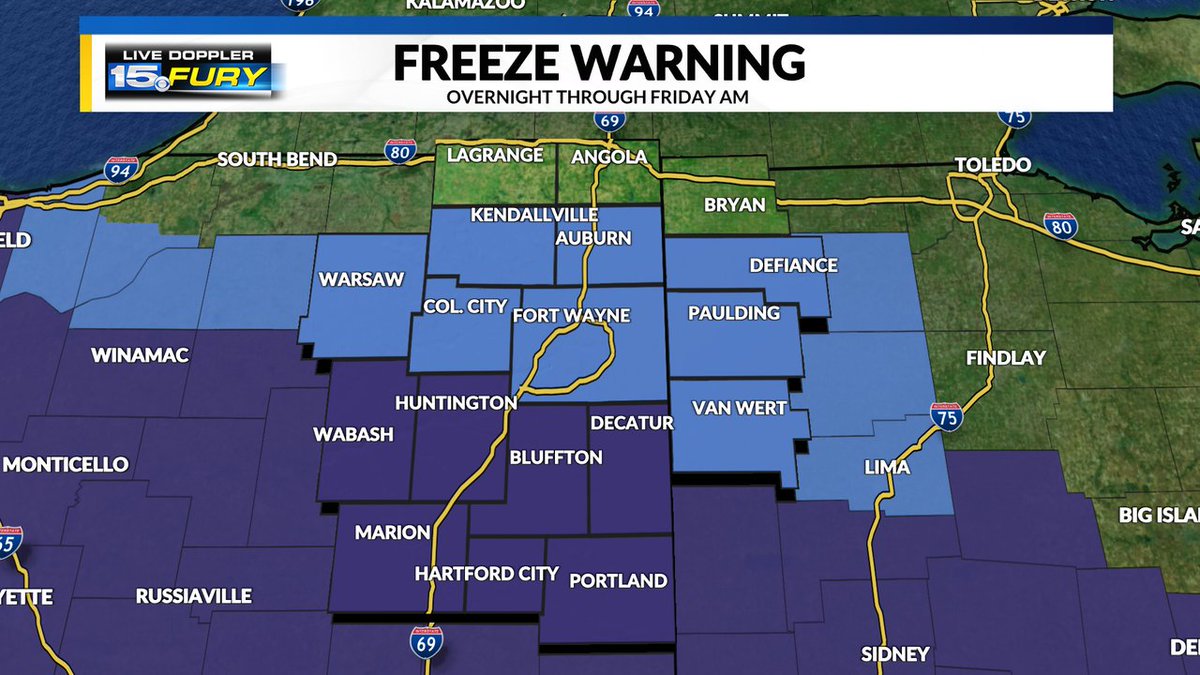 🚨We’ll see freezing temperatures and a (Freeze Warning – purple) in southern areas, and a Frost Advisory (blue) in northern counties.
🥶 If you’ve still got mums blooming, you’ll want to cover them up overnight.
Get all the latest updates  👉 wane.com/weather?utm_me…