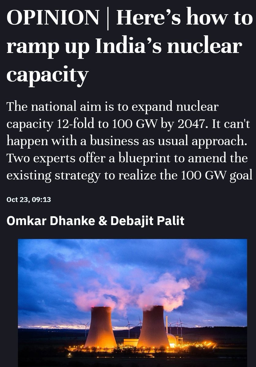 Sharing my op-ed co-authored w/ <a href="/OmkarDhanke/">Omkar Dhanke</a> - Here’s how to ramp up India’s #nuclear capacity- pub in <a href="/moneycontrolcom/">Moneycontrol</a>.
We suggest bold reforms for greater pvt sector participation in India’s #NuclearPower sector for achieving d target of 100 GW by 2047.
moneycontrol.com/news/opinion/h…