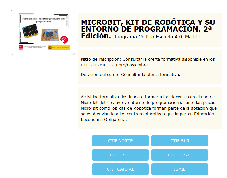 Actividad formativa, dirigida a los C. de robótica, placa #Microbit y kits de robótica educativa #Código_Escuela4_O_Madrid #IF_CMadrid,para diseñar actividades prácticas alineadas con el currículo.#MakeCode,  super ponentes: Victor Gallego y Javier  Simón. innovacionyformacion.educa.madrid.org/actividades/mi…