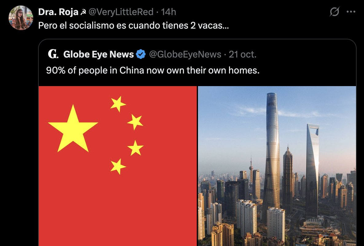 partitocrazy's tweet photo. Ni con el más honesto de los esfuerzos intelectuales un zurdo admitirá jamás que la liberalización económica de China es la única vía posible de supervivencia de un régimen autoritario y opaco de partido único.

IVA 13%, IRPF menor que España -primeros 640€ mensuales al cambio exentos-, tecnológicas con 15% y exención o menores impuestos hasta rangos altos, impuestos financieros a la mitad o tercera parte de ellos en dividendos, por ejemplo. La premisa es propiedad privada vigilada a cambio de mantenimiento del régimen: "podéis mejorar vuestra vida para olvidaros de que no hay democracia, pero igual que el Estado os permite esto os lo quitará si lo atacáis". Pero los zurdis aún pretenden que creas que con impuestos altos un día por fin, pum, brotarán de casualidad rascacielos en La Habana.